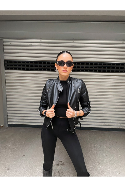 Kadın Siyah Motorcu Deri Ceket
