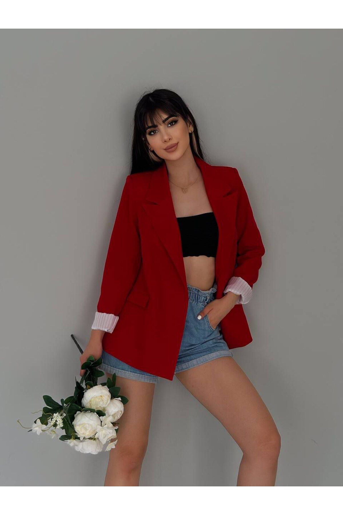 Kolu Katlamalı iç Astarı Çizgili Blazer Ceket Kolu Katlamalı iç Astarı Çizgili Blazer Ceket