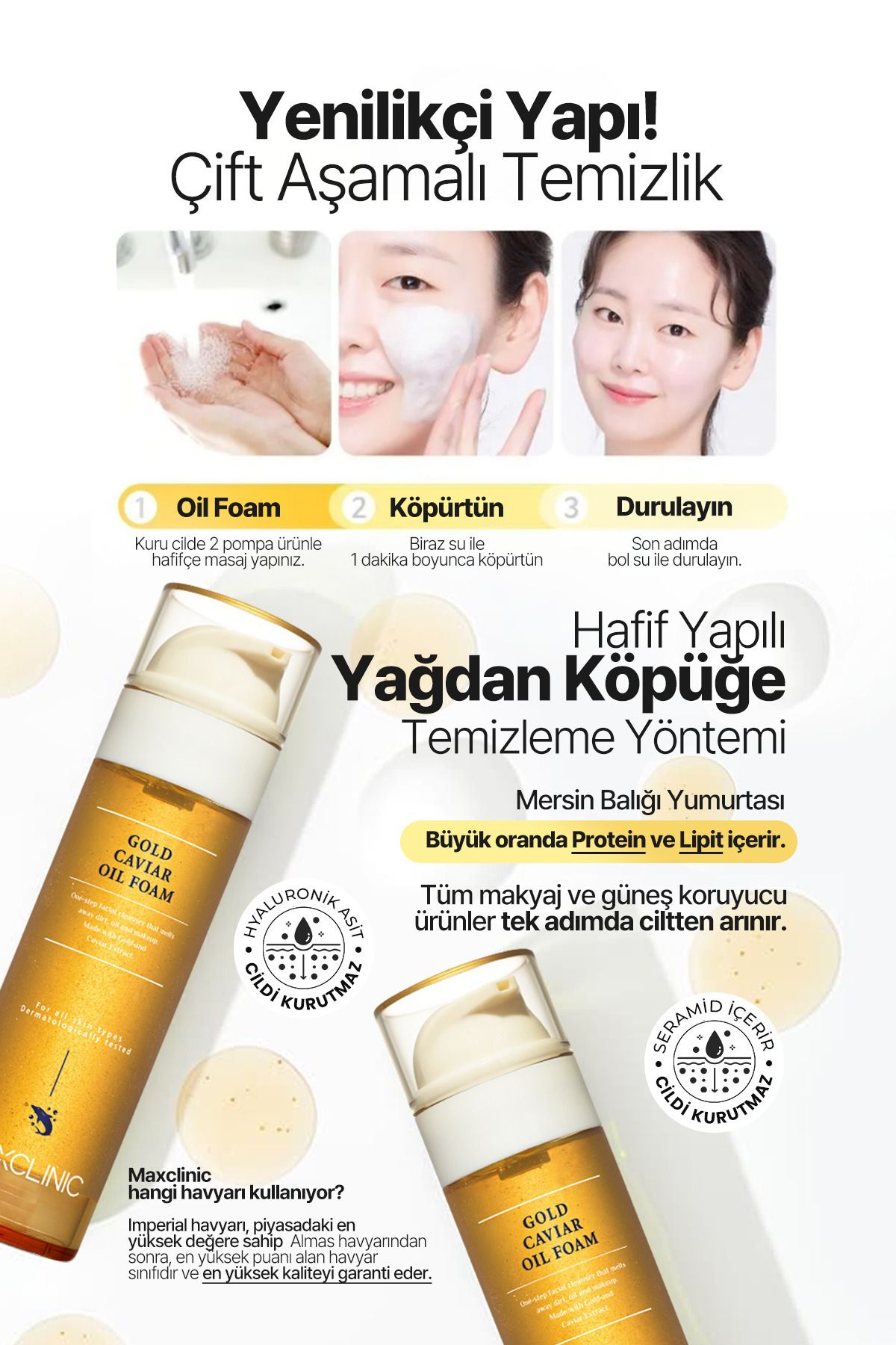 Altın ve Havyar İçeren Tek Adımda Çift Aşamalı Yüz Temizleyici MAXCLINIC Gold Caviar Oil Foam Altın ve Havyar İçeren Tek Adımda Çift Aşamalı Yüz Temizleyici MAXCLINIC Gold Caviar Oil Foam