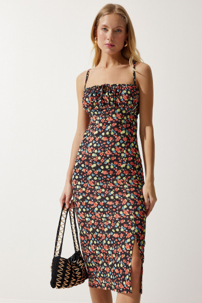 Kadın Siyah Oranj Çiçekli Yırtmaçlı Yazlık Örme Elbise CI00029 Kadın Siyah Oranj Çiçekli Yırtmaçlı Yazlık Örme Elbise CI00029