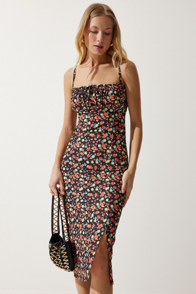 Kadın Siyah Oranj Çiçekli Yırtmaçlı Yazlık Örme Elbise CI00029 Kadın Siyah Oranj Çiçekli Yırtmaçlı Yazlık Örme Elbise CI00029