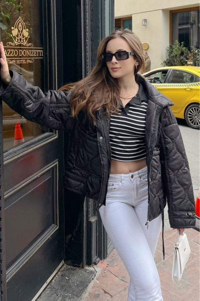 Kadın Yakalı Fermuarlı Lastikli Mont