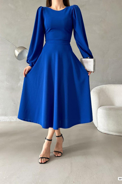 Saks Mavisi Balon Kol Bisiklet Yaka Basic Midi Boy İthal Krep Kumaş Elbise Saks Mavisi Balon Kol Bisiklet Yaka Basic Midi Boy İthal Krep Kumaş Elbise
