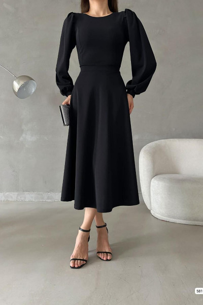 Siyah Balon Kol Bisiklet Yaka Basic Midi Boy İthal Krep Kumaş Elbise
