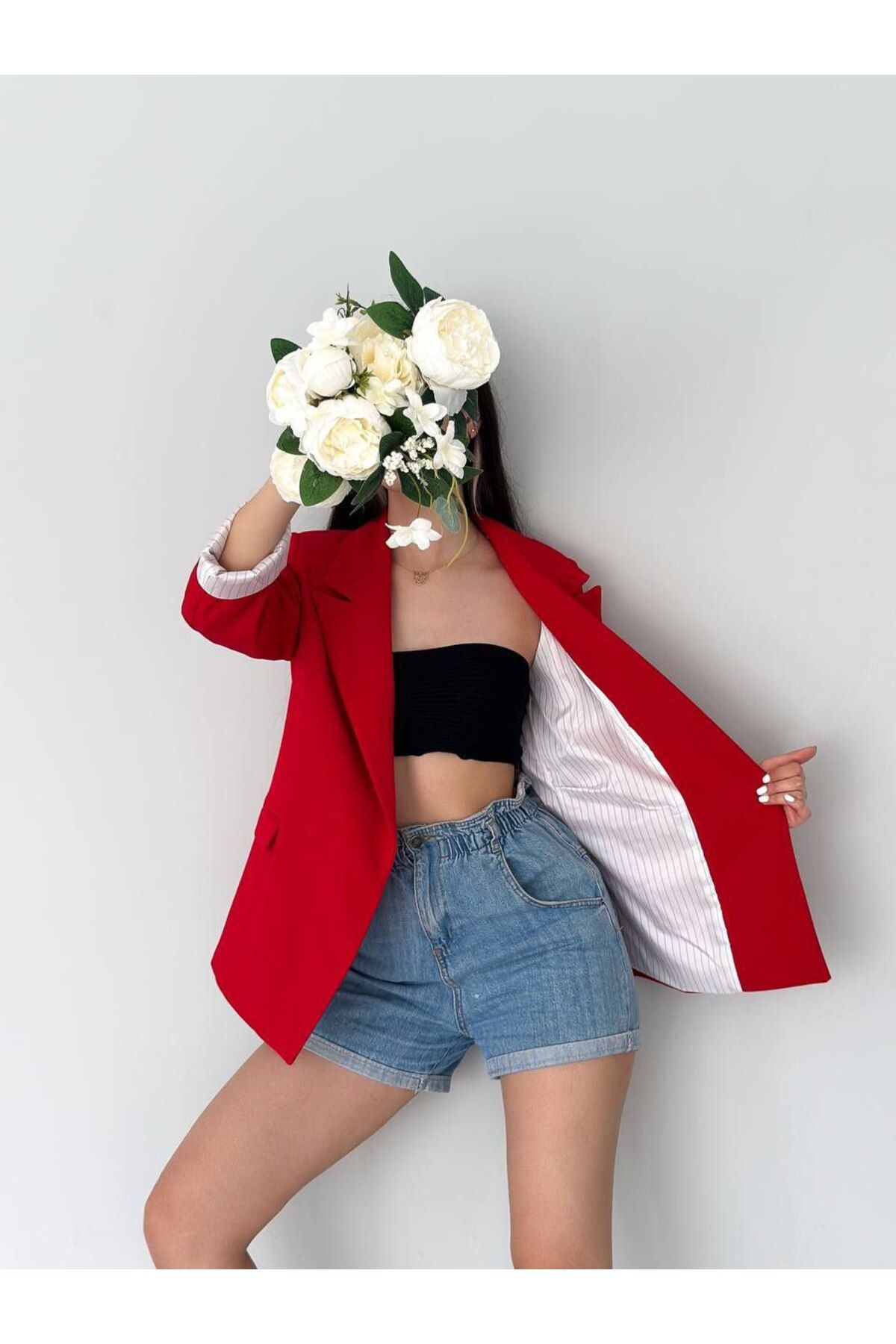 Kolu Katlamalı iç Astarı Çizgili Blazer Ceket Kolu Katlamalı iç Astarı Çizgili Blazer Ceket