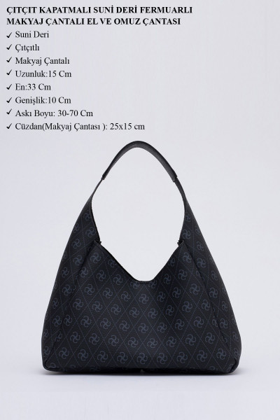 Monogram Baskılı Siyah SHK19 Çıtçıt Kapatmalı Suni Deri Fermuarlı Makyaj Çantalı El ve Omuz Çantası Monogram Baskılı Siyah SHK19 Çıtçıt Kapatmalı Suni Deri Fermuarlı Makyaj Çantalı El ve Omuz Çantası