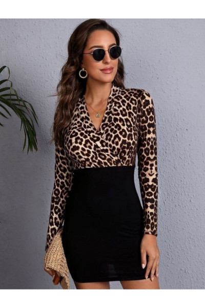 Kruvaze Yaka Leopar/Siyah Elbise Kruvaze Yaka Leopar/Siyah Elbise