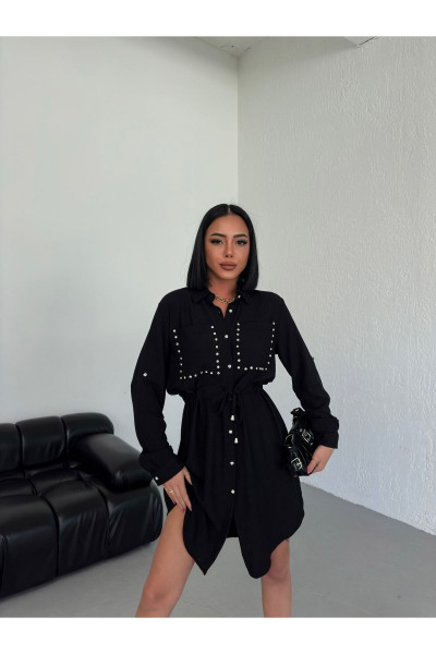 Kadın Taş Cep Detay Çıtçıtlı Gömlek Elbise