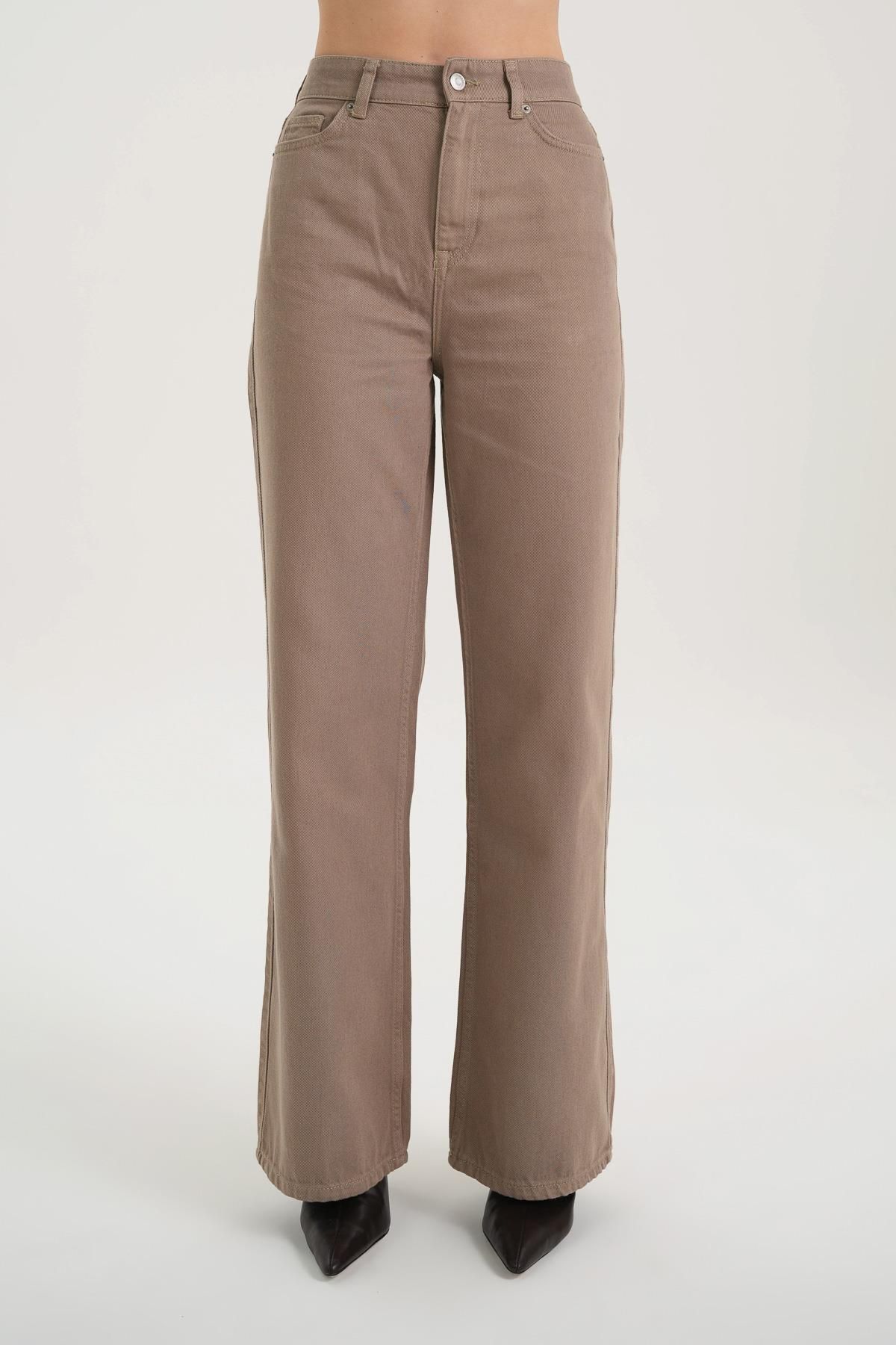 Weslie Koyu Taş Renk Yüksek Bel Fermuarlı Wideleg Fit Jean Pantalon C 4530-041