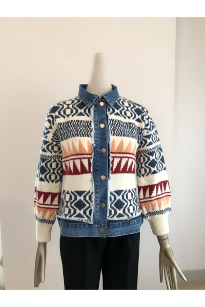 Mix Color Denim Detay Etnik Desen Triko Ceket