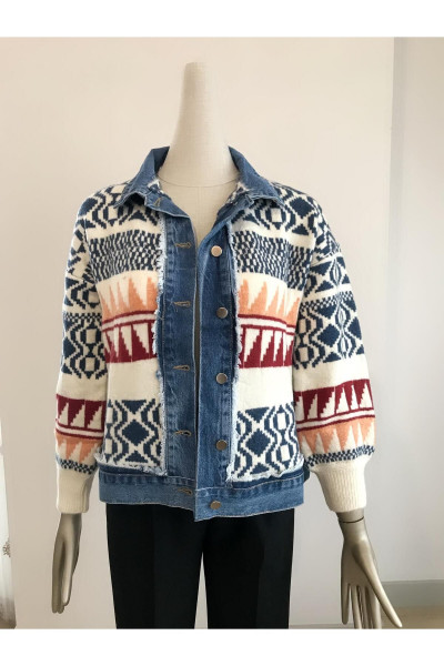 Mix Color Denim Detay Etnik Desen Triko Ceket