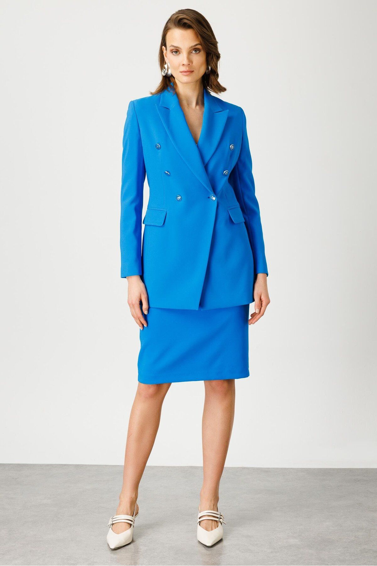 Kruvaze Yarım Astarlı Uzun Ceket Saks Kruvaze Yarım Astarlı Uzun Ceket Saks