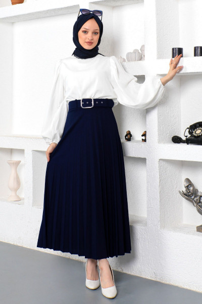 Kemerli Pileli Etek Tsd230113 Lacivert Kemerli Pileli Etek Tsd230113 Lacivert