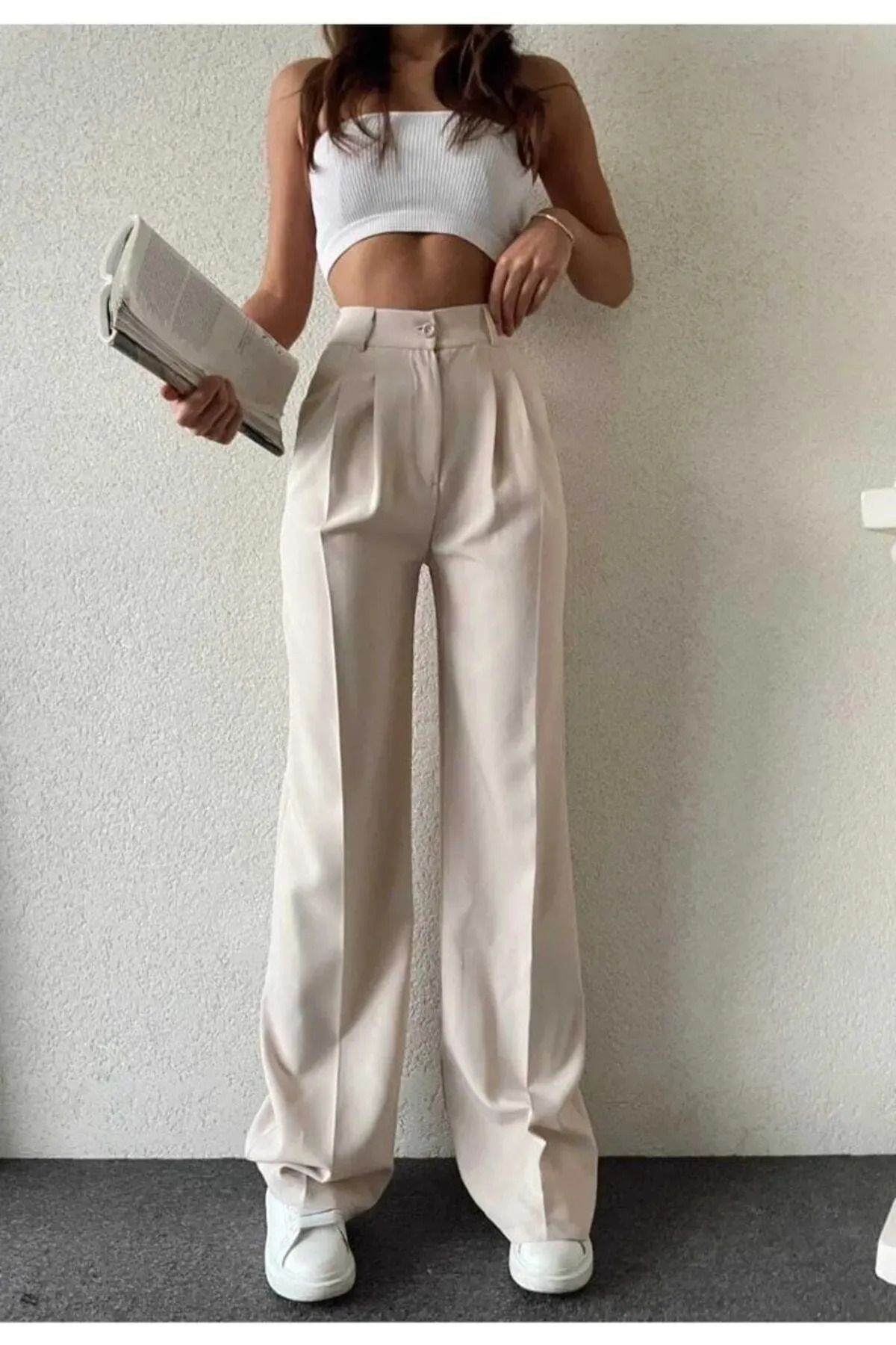 Luki Kadın Pileli Kumaş Pantolon, Likralı Palazzo Model Luki Kadın Pileli Kumaş Pantolon, Likralı Palazzo Model