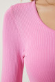 Kadın Pembe U Yaka Fitilli Crop Triko Bluz PF00068