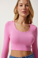 Kadın Pembe U Yaka Fitilli Crop Triko Bluz PF00068