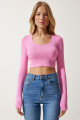 Kadın Pembe U Yaka Fitilli Crop Triko Bluz PF00068