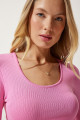 Kadın Pembe U Yaka Fitilli Crop Triko Bluz PF00068