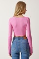 Kadın Pembe U Yaka Fitilli Crop Triko Bluz PF00068
