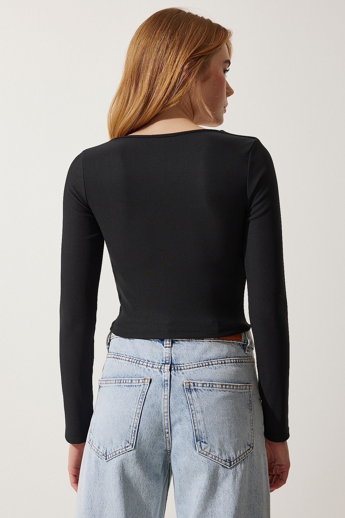 Kadın Siyah Beyaz Kare Yaka Fitilli 2'Li Paket Crop Örme Bluz AN00180
