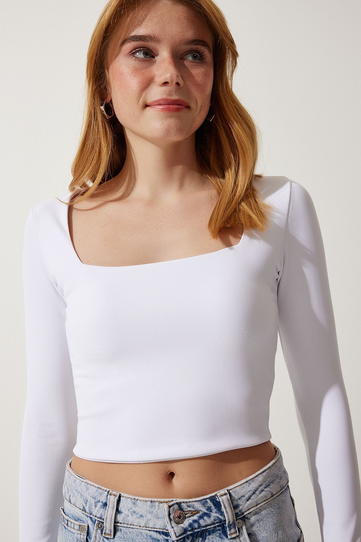 Kadın Siyah Beyaz Kare Yaka Fitilli 2'Li Paket Crop Örme Bluz AN00180