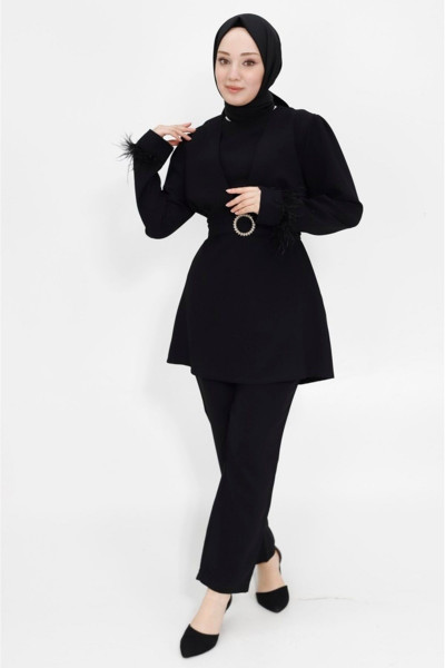 Kemeri Taşlı Krep Kumaş Tesettür İkili Takım