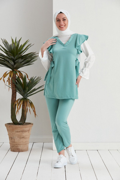 Kol büzgülü belden Kuşaklı İkili Tesettür Takım Turkuaz