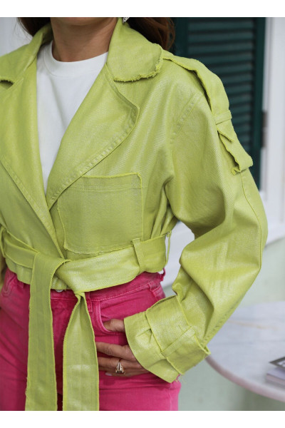 NEON SARI OMUZ VE KOL DETAY PARLAK CEKET