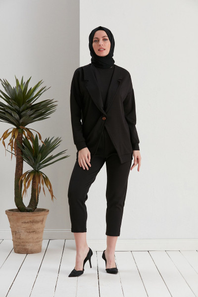 Üçlü Ceketli Tesettür Takım Siyah