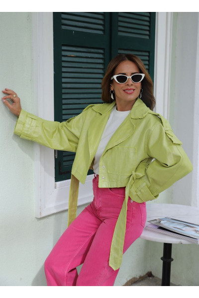 NEON SARI OMUZ VE KOL DETAY PARLAK CEKET