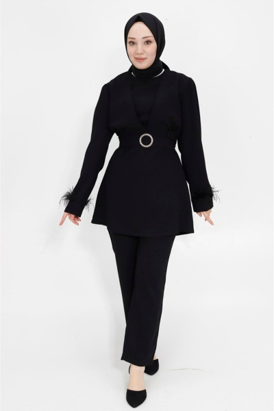 Kemeri Taşlı Krep Kumaş Tesettür İkili Takım Kemeri Taşlı Krep Kumaş Tesettür İkili Takım