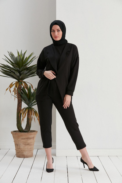 Üçlü Ceketli Tesettür Takım Siyah