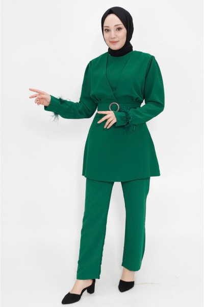 Kemeri Taşlı Krep Kumaş Tesettür İkili Takım Kemeri Taşlı Krep Kumaş Tesettür İkili Takım