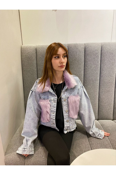 Lila Peluş Detaylı Kot Ceket Lila Peluş Detaylı Kot Ceket