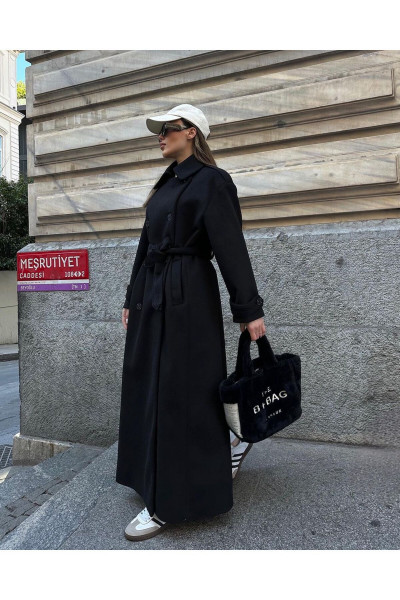 Siyah Kuşaklı Kapama Düğmeli Kaşe Kaban -135 Cm Siyah Kuşaklı Kapama Düğmeli Kaşe Kaban -135 Cm