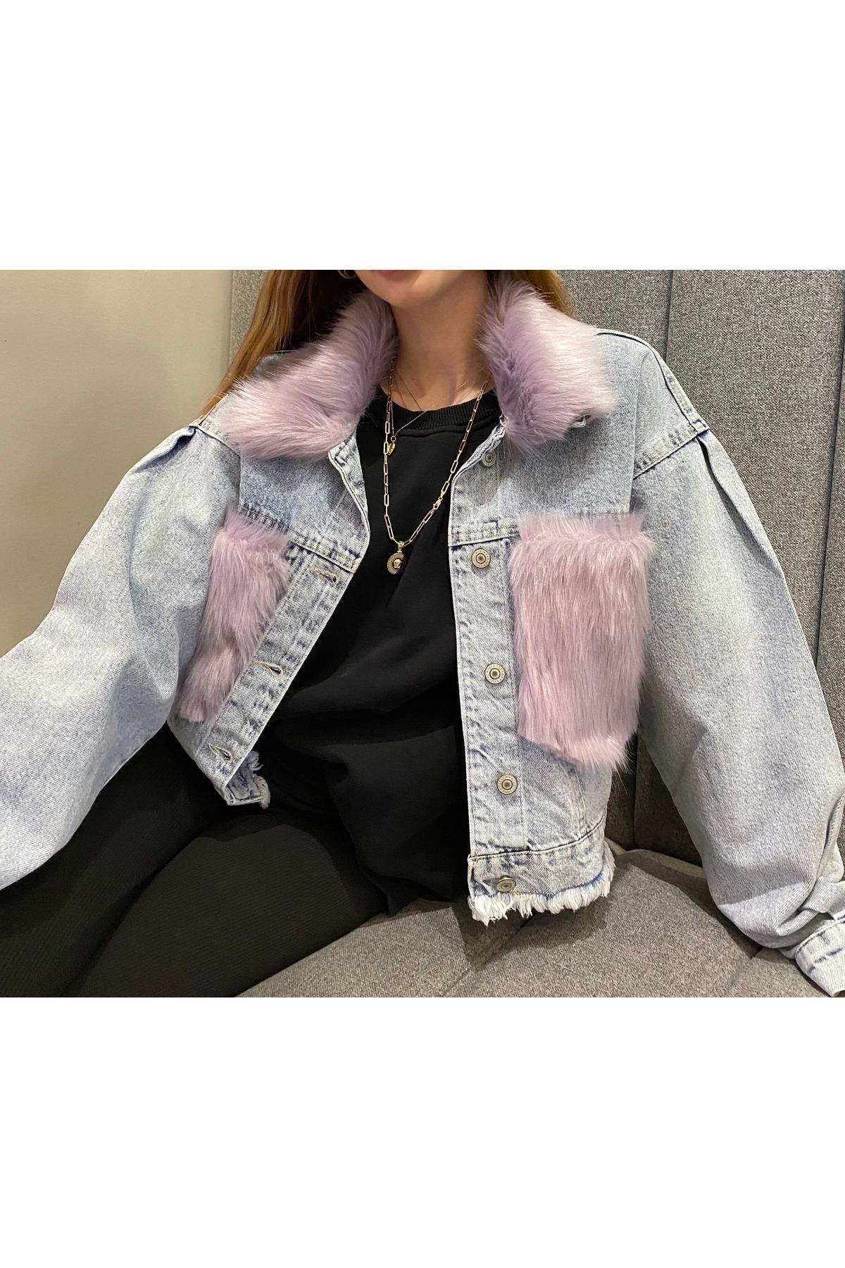 Lila Peluş Detaylı Kot Ceket Lila Peluş Detaylı Kot Ceket