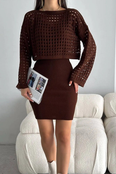 Triko Delikli Kazak Elbise Takım Triko Delikli Kazak Elbise Takım