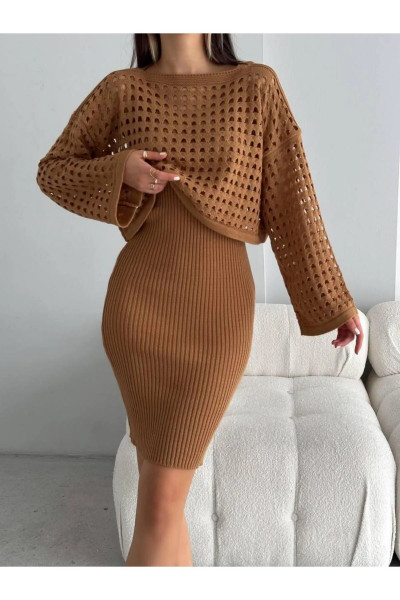 Triko Delikli Kazak Elbise Takım Triko Delikli Kazak Elbise Takım