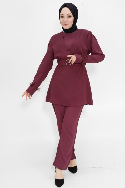 Kemeri Taşlı Krep Kumaş Tesettür İkili Takım Kemeri Taşlı Krep Kumaş Tesettür İkili Takım