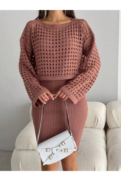 Triko Delikli Kazak Elbise Takım Triko Delikli Kazak Elbise Takım