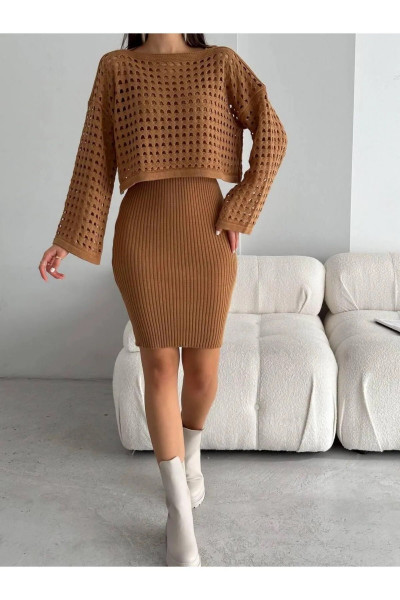 Triko Delikli Kazak Elbise Takım Triko Delikli Kazak Elbise Takım