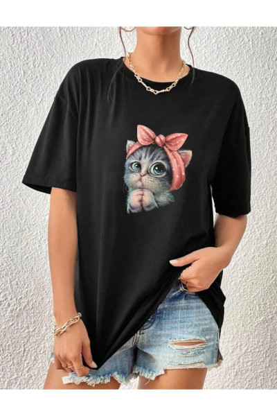 Oversize Siyah Kedi Baskılı Rahat Kesim T-shirt unisex Oversize Siyah Kedi Baskılı Rahat Kesim T-shirt unisex