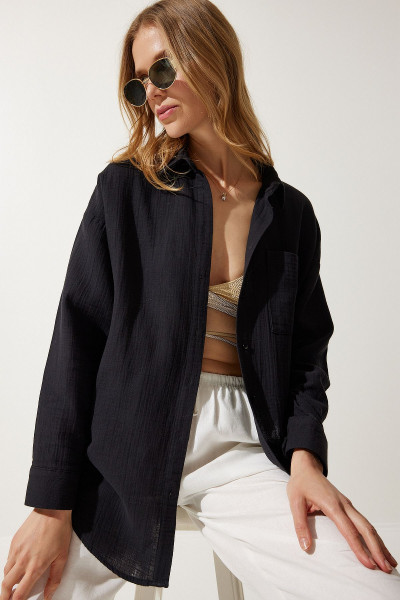 Kadın Siyah Cepli Oversize Müslin Gömlek MX00150 Kadın Siyah Cepli Oversize Müslin Gömlek MX00150