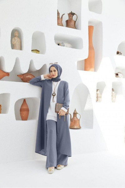 Tesettür Keten 3 Lü Takım Gri Model-452 Tesettür Keten 3 Lü Takım Gri Model-452