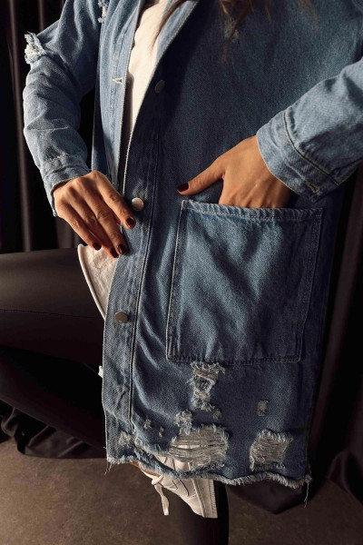Yırtık Detaylı Kapüşonlu Jean Ceket Yırtık Detaylı Kapüşonlu Jean Ceket