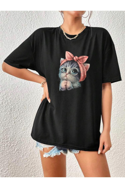 Oversize Siyah Kedi Baskılı Rahat Kesim T-shirt unisex Oversize Siyah Kedi Baskılı Rahat Kesim T-shirt unisex