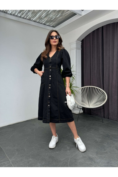 Siyah Balon Kol Önden Düğmeli Denim Elbise