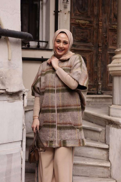 Kadın Yeni Panço 2 li Takım Ekoseli Haki Kahve-Bej