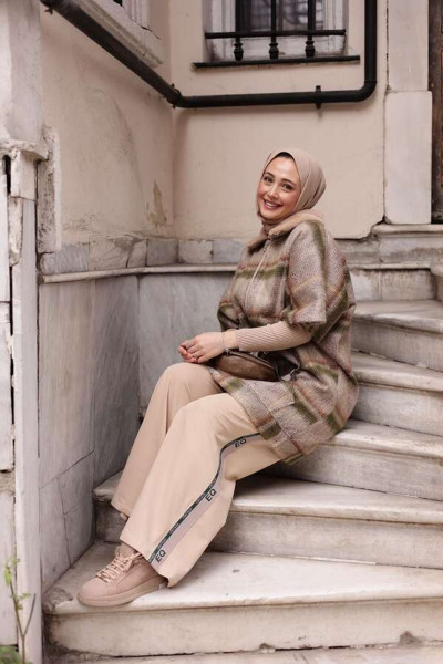 Kadın Yeni Panço 2 li Takım Ekoseli Haki Kahve-Bej