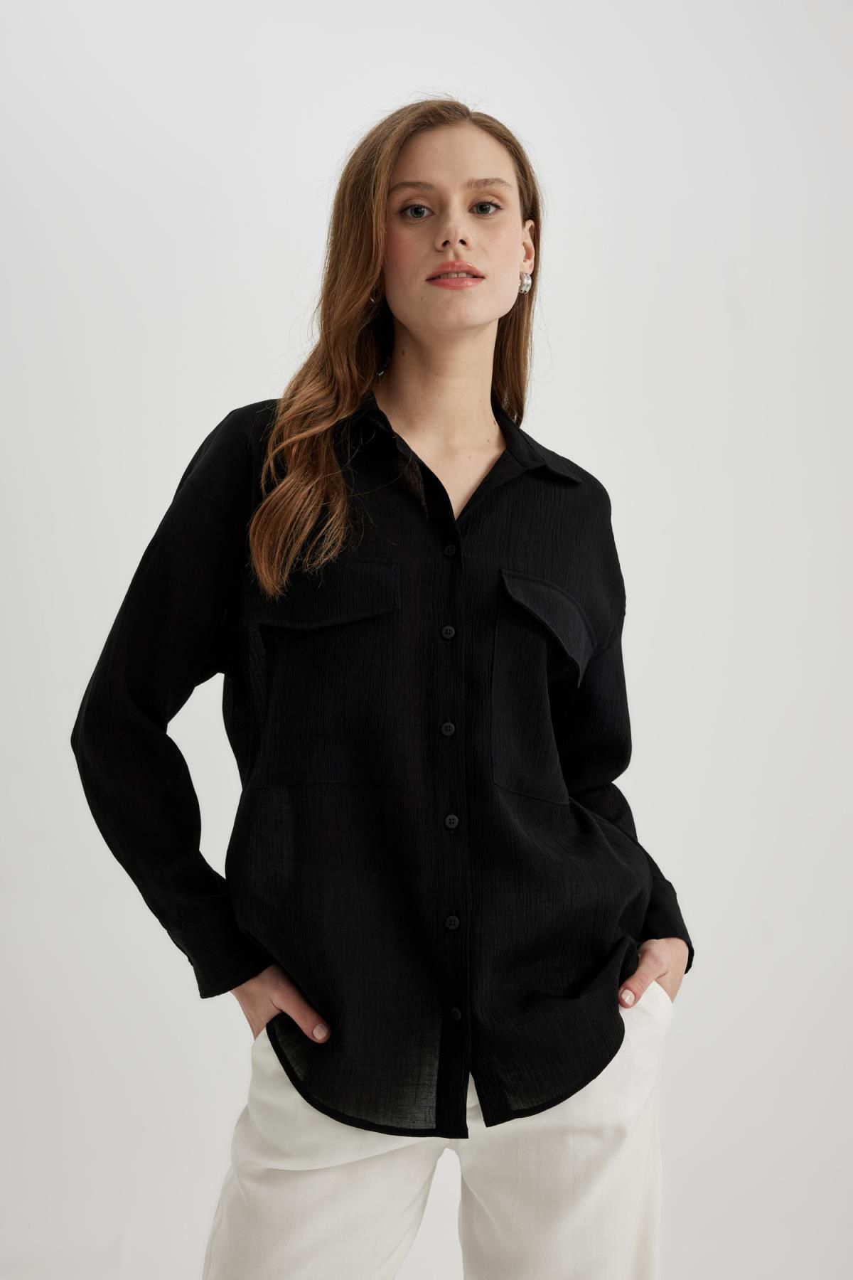 Oversize Fit Cep Detaylı Krinkıl Kumaş Uzun Kollu Gömlek C3165ax24sp Oversize Fit Cep Detaylı Krinkıl Kumaş Uzun Kollu Gömlek C3165ax24sp
